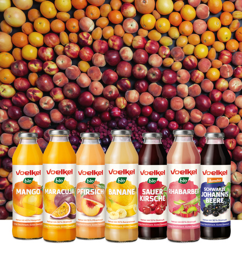 KI generiert: Sechs Flaschen Voelkel-Säfte vor einem Hintergrund von bunten Früchten. Text: Mango, Maracuja, Pfirsich, Banane, Sauerkirsche, Rhabarber, Schwarze Johannisbeere.