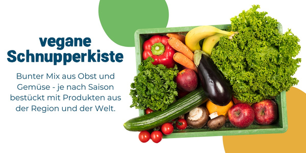 KI generiert: Eine Kiste voller Obst und Gemüse, promotet als "vegane Schnupperkiste".