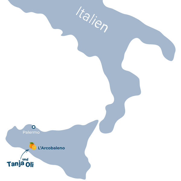 Eine Karte von Süditalien, die Palermo auf Sizilien hervorhebt und die Plantage L'Arcobaleno, illustriert mit einer Orange, den ersten Stop von Tanjas und Olis Reise, zeigt.