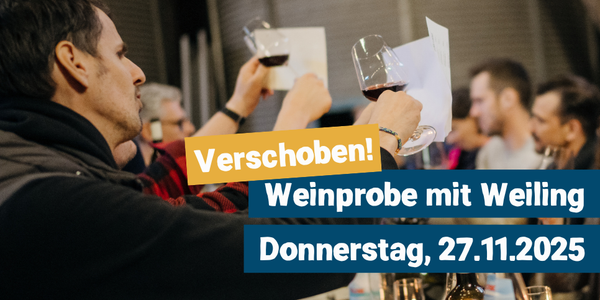 KI generiert: Eine Gruppe hält Weingläser. Text: "Verschoben! Weinprobe mit Weiling Donnerstag, 27.11.2025".