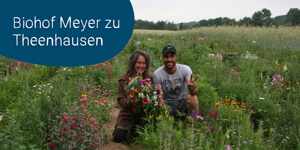 KI generiert: Das Bild zeigt zwei Personen, die in einem blühenden Feld des Biohofs Meyer zu Theenhausen stehen. Sie halten einen bunten Blumenstrauß und lächeln in die Kamera.
