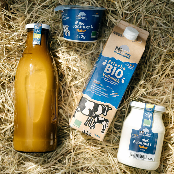 KI generiert: Bio-Milch- und Joghurtprodukte auf Heu arrangiert. Text: "Bio Joghurt Natur" und "Frische Bio Vollmilch".