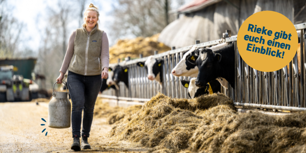 KI generiert: Frau trägt Milchkanne auf Bauernhof neben Kühen. Text: "Rieke gibt euch einen Einblick!"