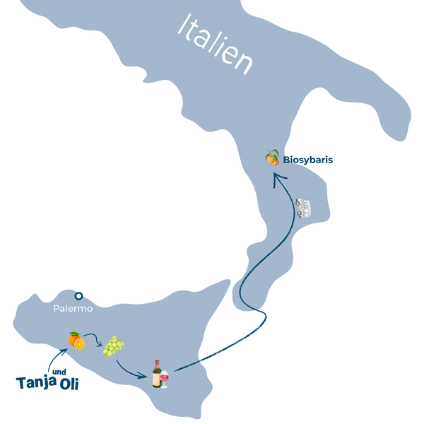 Der Karte von Süditalien wird der dritte Sopp der Reise, Biosybaris, mit illustrierten Clementinen verzeichnet. Biosybaris liegt am Absatz des Stiefels im Süden der italienischen Halbinsel.