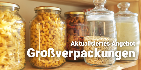 KI generiert: Gläser mit Lebensmitteln; Text: "Aktualisiertes Angebot Großverpackungen".