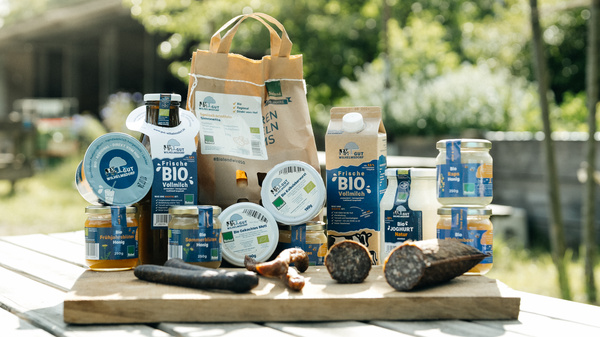 KI generiert: Bio-Produkte auf einem Tisch im Freien. Text: "Frische BIO Vollmilch" und "#BioEinmaleins".