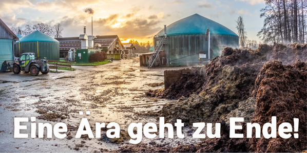 KI generiert: Ein Bauernhof mit Gülleanlage im Sonnenuntergang. Text: "Eine Ära geht zu Ende!"