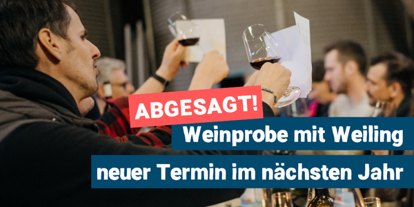 KI generiert: Einige Personen stoßen mit Weingläsern an. Text: "ABGESAGT! Weinprobe mit Weiling neuer Termin im nächsten Jahr".
