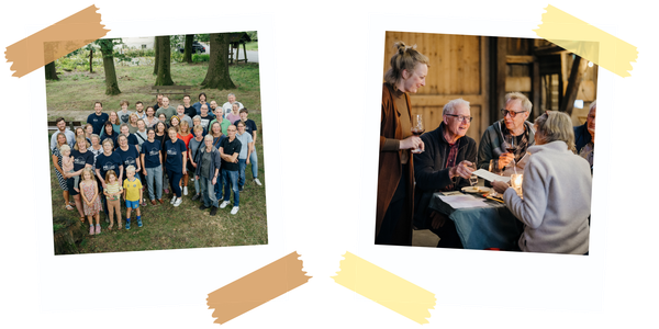 KI generiert: Das linke Bild zeigt eine große Gruppe von Menschen, die im Freien zusammen posieren. Das rechte Bild zeigt eine gemütliche Szene mit mehreren Personen, die an einem Tisch in einem Innenraum zusammen sitzen und sich unterhalten.