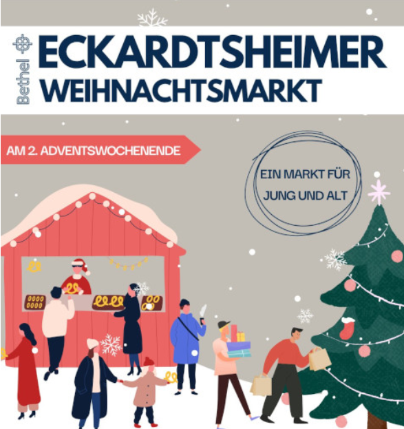 KI generiert: Eckardtsheimer Weihnachtsmarkt-Ankündigung mit Buden, Tannenbaum und Menschen. "Ein Markt für Jung und Alt".