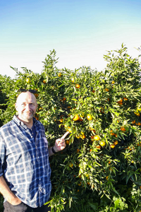 Oli steht neben einem mannshohen Clementinen-Baum voller Früchte.
