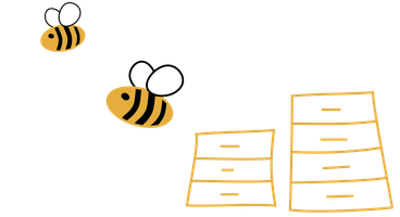 KI generiert: Zwei gezeichnete Bienen fliegen über stilisierte Bienenstöcke.