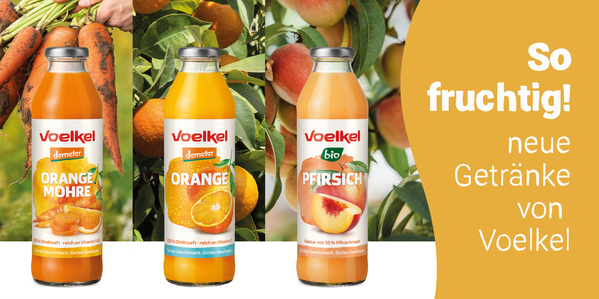 KI generiert: Drei Voelkel-Säfte: Orange Möhre, Orange, Pfirsich. Text: "So fruchtig! neue Getränke von Voelkel".