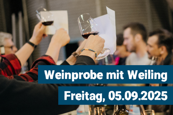 KI generiert: Weinprobe mit Weingläsern; Text: "Weinprobe mit Weiling, Freitag, 05.09.2025".
