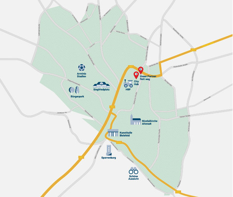 Karte des Gebietes der Bielefelder Innenstadt, das Gut Wilhelmsdorf mit der Biokiste per Lastenrad beliefert.