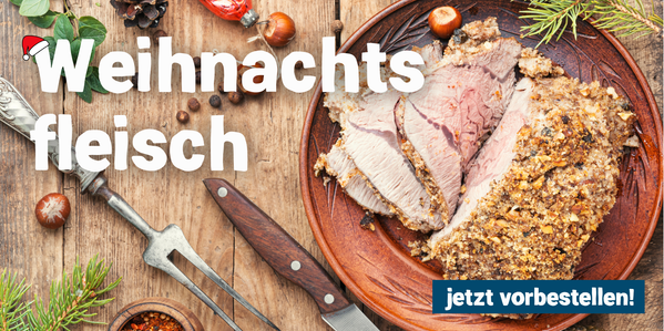 KI generiert: Ein Teller mit weihnachtlichem Fleisch, Gewürzen und Text: "Weihnachtsfleisch jetzt vorbestellen!"