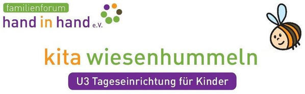 KI generiert: Logo mit Text: "familienforum hand in hand e.V. kita wiesenhummeln U3 Tageseinrichtung für Kinder" und einer Biene.