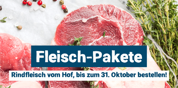 KI generiert: Rohes Rindfleisch mit Pfeffer und Kräutern. Text: "Fleisch-Pakete, Rindfleisch vom Hof, bis zum 31. Oktober bestellen!"