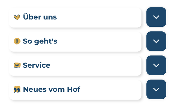 KI generiert: Das Bild zeigt ein Menü mit den Punkten "Über uns", "So geht's", "Service" und "Neues vom Hof".