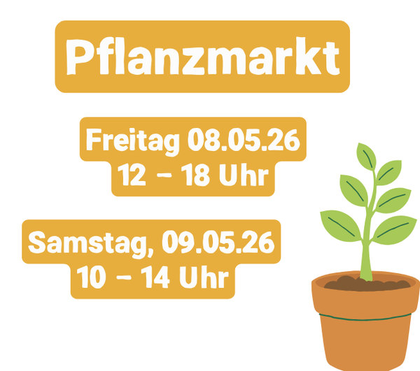 KI generiert: Das Bild ist eine Ankündigung für einen Pflanzenmarkt, der am Freitag, 02.05.25 von 12 bis 18 Uhr und am Samstag, 03.05.25 von 10 bis 14 Uhr stattfindet. Neben dem Text ist ein Topf mit einer Pflanze abgebildet.