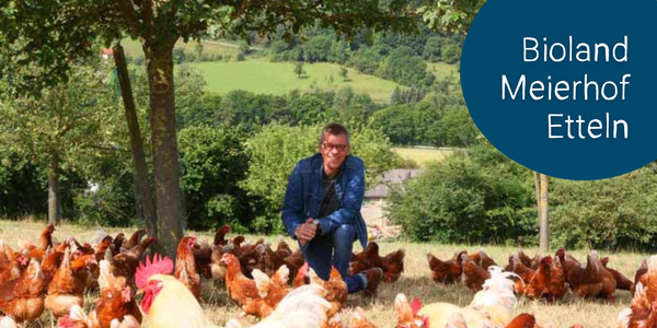 KI generiert: Das Bild zeigt einen Mann auf einer Wiese, umgeben von mehreren Hühnern, vor einem Hintergrund mit grüner Landschaft. Oben rechts befindet sich ein Schriftzug, der "Bioland Meierhof Etteln" lautet.