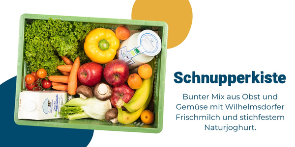 KI generiert: Grüne Kiste mit Obst, Gemüse, Milch und Joghurt. Text: "Schnupperkiste Bunter Mix aus Obst und Gemüse mit Wilhelmsdorfer Frischmilch und stichfestem Naturjoghurt."