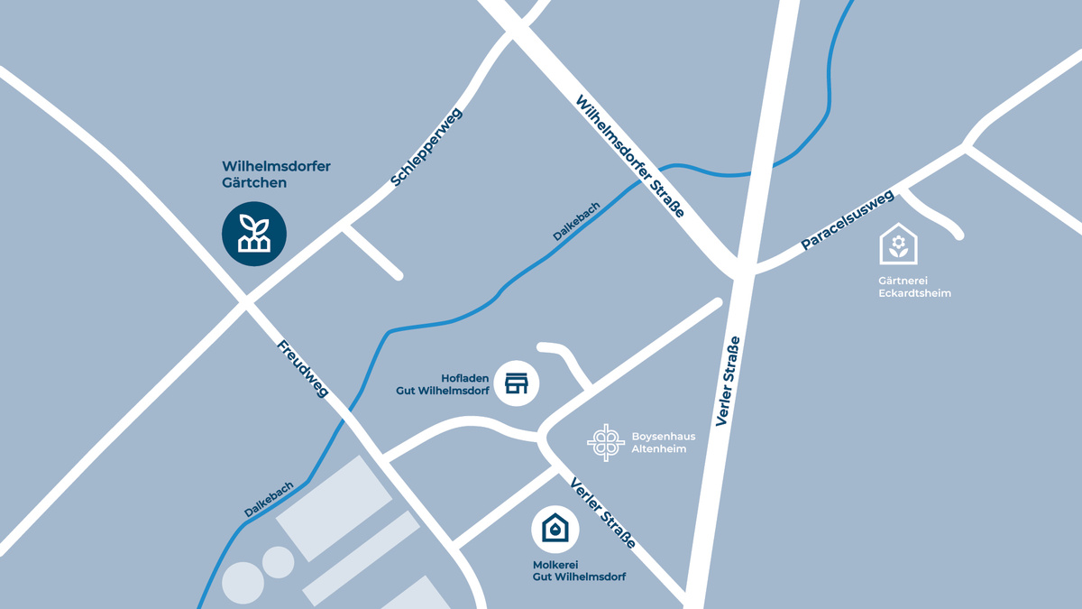 KI generiert: Das Bild zeigt eine schematische Karte eines Gebiets mit hervorgehobenen Orten wie dem Wilhelmsdorfer Gärtchen, einem Hofladen, einer Molkerei und einem Altenheim. Straßen und Gewässer sind zur Orientierung ebenfalls dargestellt.