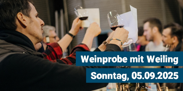 KI generiert: Eine Gruppe bei einer Weinprobe. Text: "Weinprobe mit Weiling Sonntag, 05.09.2025".