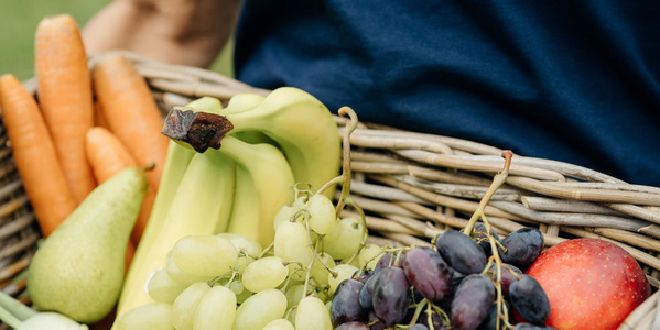 KI generiert: Korb mit Bananen, Trauben, Birne, Äpfeln und Karotten.