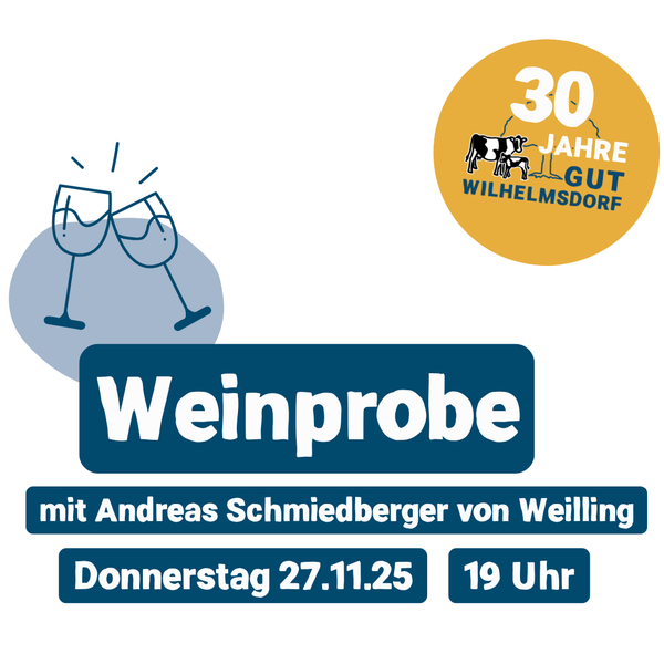 KI generiert: Weinprobe-Event am Do, 27.11.25, 19 Uhr, mit Andreas Schmiedberger; 30 Jahre Gut Wilhelmsdorf.