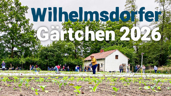 KI generiert: Ein Gemeinschaftsgarten mit Menschen und einem kleinen Haus. Text: "Wilhelmsdorfer Gärtchen 2026".
