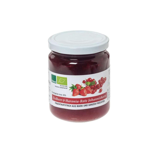 Produktfoto zu Fruchtaufstrich Erdbeer  - rote  Johannisbeere