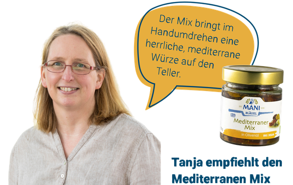 KI generiert: Eine Frau empfiehlt einen mediterranen Mix. Text: "Der Mix bringt im Handumdrehen eine herrliche, mediterrane Würze auf den Teller."
