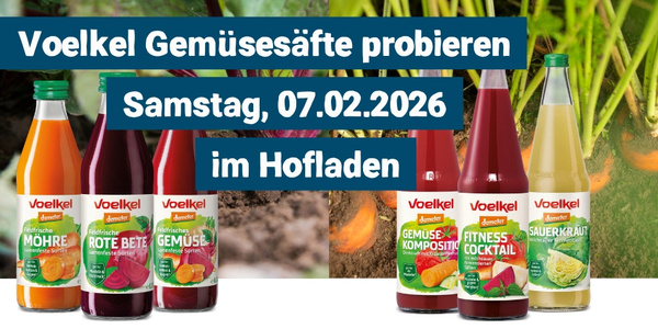 KI generiert: Verkostung von Voelkel Gemüsesäften am 07.02.2026 im Hofladen.