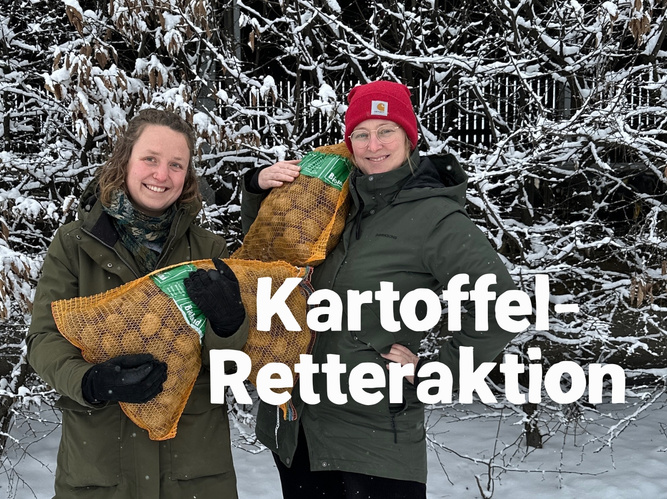 KI generiert: Zwei Personen halten Kartoffelsäcke im Schnee. Text: "Kartoffel-Retteraktion".