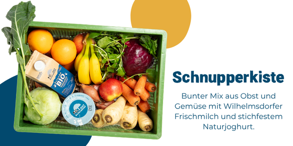 KI generiert: Grüne Kiste mit Obst, Gemüse, Milch und Joghurt. Text: "Schnupperkiste: Bunter Mix aus Obst und Gemüse mit Wilhelmsdorfer Frischmilch und stichfestem Naturjoghurt."