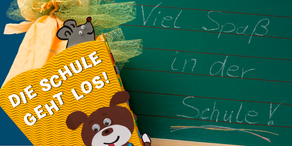 KI generiert: Ein Schultüte mit einer Tafel. Text: "DIE SCHULE GEHT LOS!" und "Viel Spaß in der Schule!"