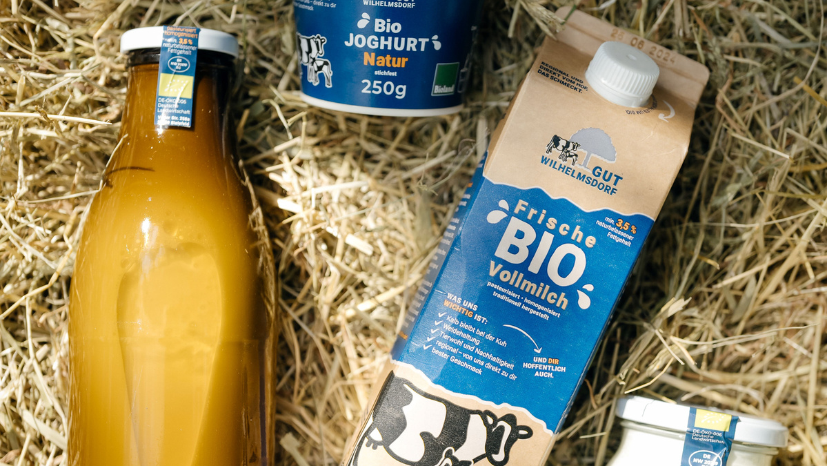 KI generiert: Bio-Milchprodukte auf Stroh: Flasche Saft, Joghurtbecher, Vollmilchpackung. Text: "Bio Joghurt" und "Frische BIO Vollmilch".