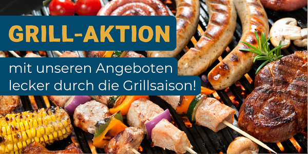 KI generiert: Grillparty mit verschiedenen Speisen. Text: "GRILL-AKTION mit unseren Angeboten lecker durch die Grillsaison!"