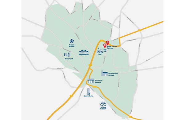 Eine Karte der Bielefelder Innenstadt. Das grün markierte Gebiet beschreibt das Liefergebiet der Lastenräder. verschiedene Straßen und Symbole markanter Gebäude, Orte und Sehenswürdigkeiten helfen bei der Orientierung.