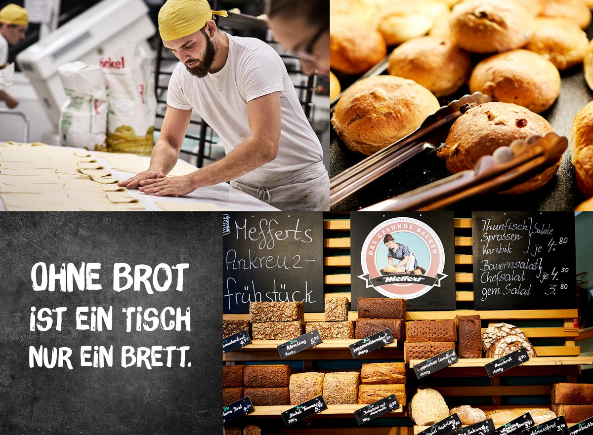 KI generiert: Collage von Bäckereiszene und Brot. Text: "OHNE BROT IST EIN TISCH NUR EIN BRETT."