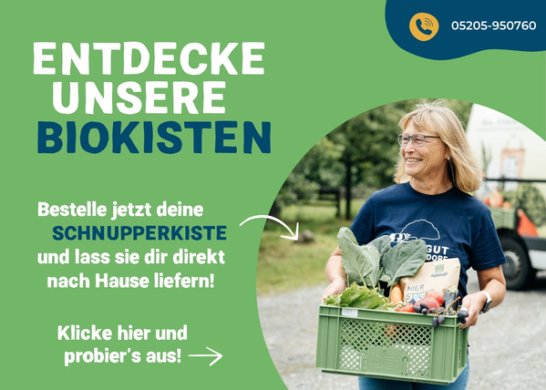KI generiert: Eine Frau trägt eine Biokiste. Text: "Entdecke unsere Biokisten. Bestelle jetzt deine Schnupperkiste."
