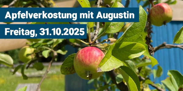 KI generiert: Ein Apfelbaum; Text: "Apfelverkostung mit Augustin, Freitag, 31.10.2025".