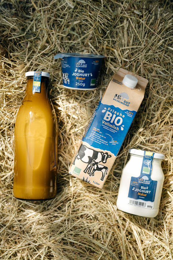 Die Produkte unserer regionalen Hofmolkerei, Milch in der Flasche und im Karton, Joghurt im Glas und im Becher, auf einem Strohbett arrangiert.