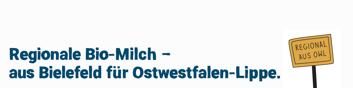 KI generiert: Das Bild bewirbt regionale Bio-Milch aus Bielefeld für Ostwestfalen-Lippe. Es enthält einen gelben Schild mit der Aufschrift "REGIONAL AUS OWL".