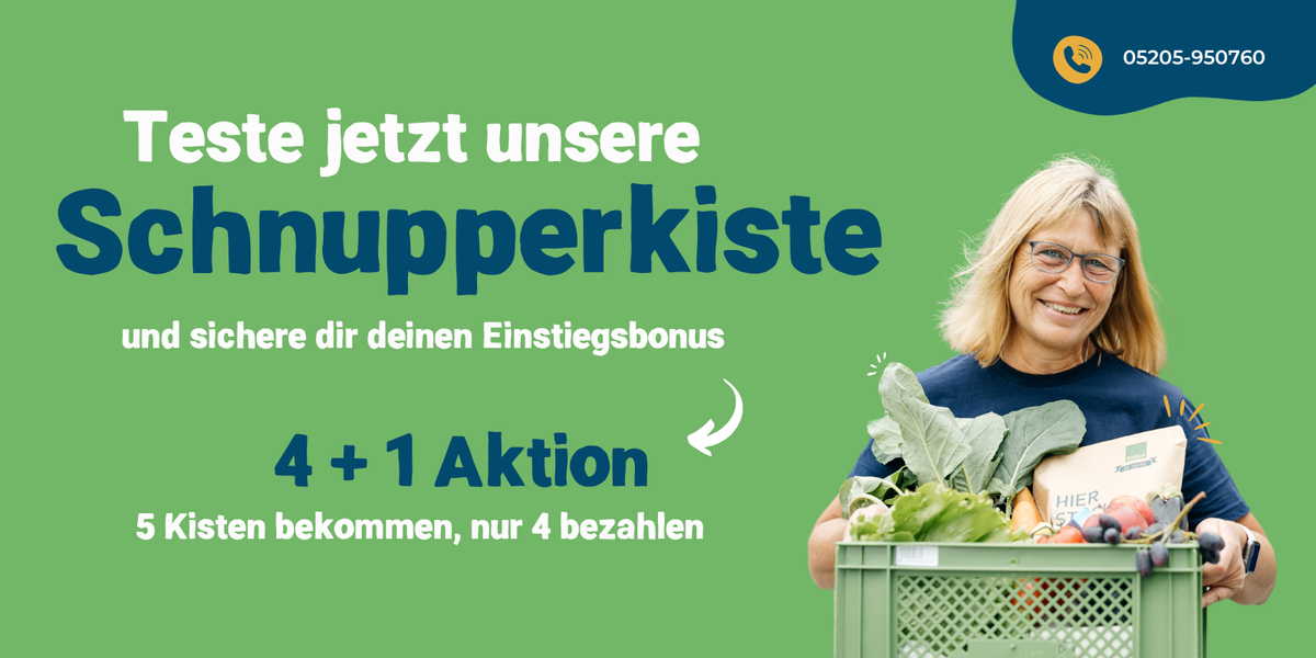 Vier grüne Gut Wilhelmsdorfer Biokisten, gut gefüllt mit verschiedenen Lebensmitteln: von frischem Gemüse, über Molkereiprodukte bis zu trockenen Lebensmitteln. Im Hintergrund ist das holzverkleidete Molkereigebäude von Gut Wilhelmsdorf. Ein Button auf dem Bild weist auf die Verlinkung zur Biokiste hin.