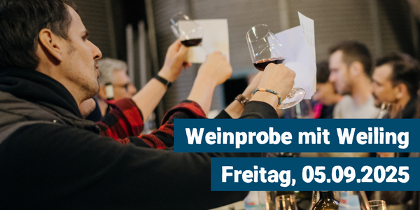 KI generiert: Personen bei einer Weinprobe. Text: "Weinprobe mit Weiling, Freitag, 05.09.2025".