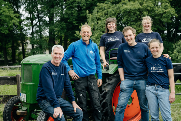KI generiert: Eine Gruppe von sechs Personen vor einem Traktor. Sie tragen blaue Kleidung mit "GUT WILHELMSDORF" Text.
