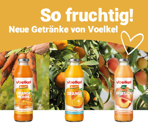 Werbung für die neuen Säfte im Sortiment vom Gut Wilhelmsdorfer Online-Shop: Kurzer Text auf gelbem Grund und darunter die Säfte Orange-Möhre, Orange und Pfirsich vor den dazu passenden Obst und Gemüse.