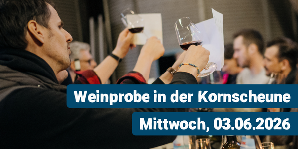KI generiert: Personen bei Weinprobe, halten Gläser hoch. Text: "Weinprobe in der Kornscheune Mittwoch, 03.06.2026".